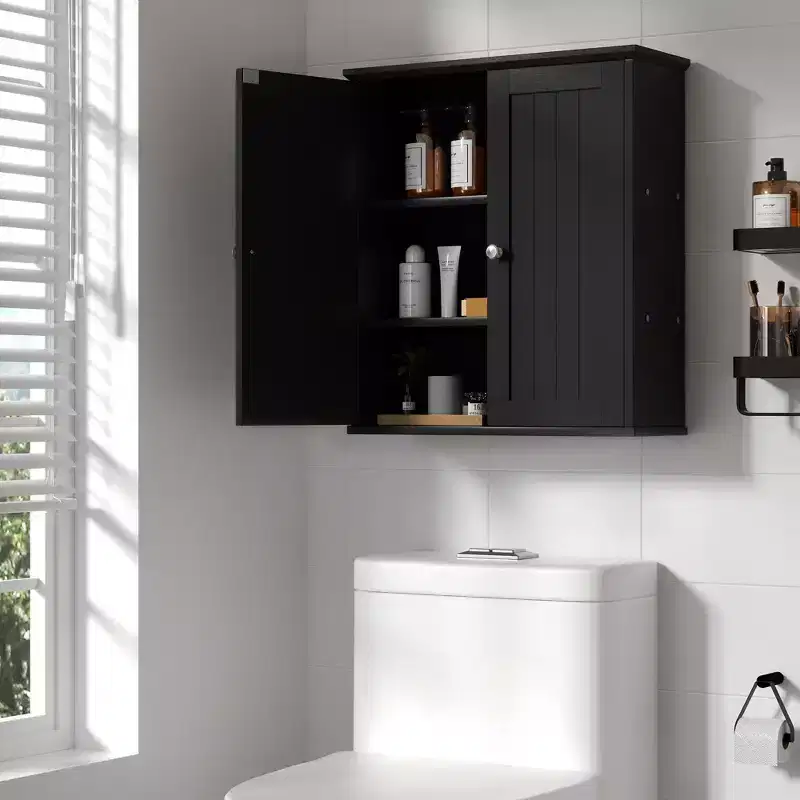 Celebalcony Wooden Wall Cabinet, Water-Resistant Medicine Storage with 2 Door for Bathroom & Kitchen, Space Saving Storage with 3-Tier Shelves