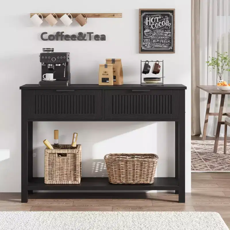 COZONY 43 Fluted Console Table with Burlywood 2 Drawers, 2-Tier Wooden Entryway Sofa Table