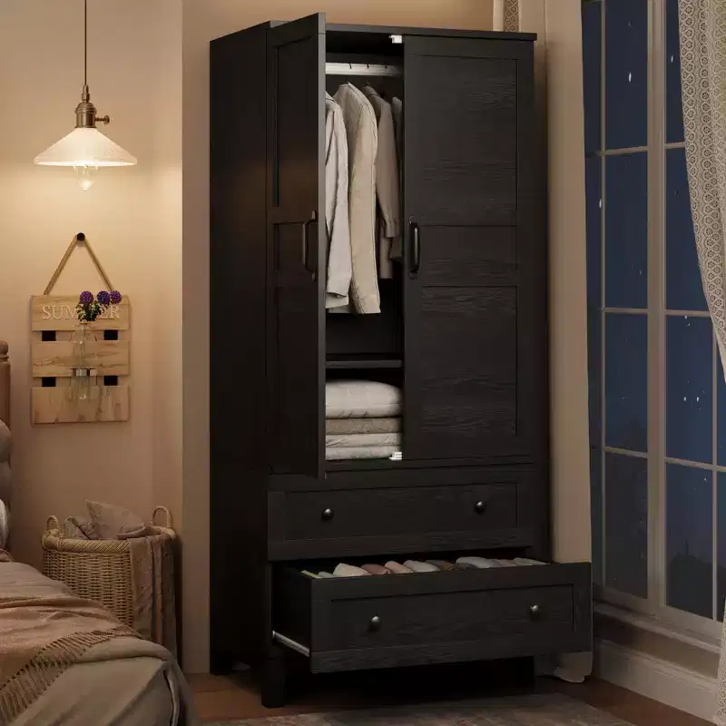Wooden Wardrobe Closet, 2 Drawers, Adjustable Shelves, Sturdy Clothes Organizer, for Bedroom