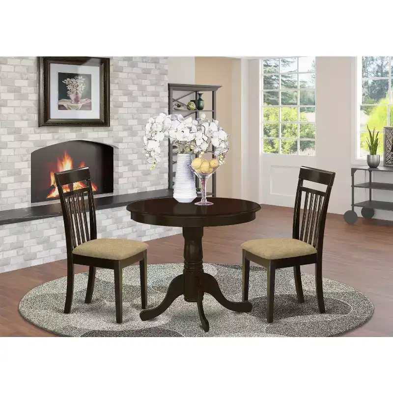 Kitchen Dining Table Set - Wooden Chairs - Cappuccino Finish Table - Linen Seat - Small Round Table