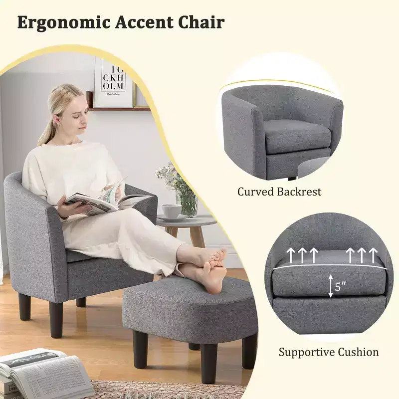 Costway Barrel Club Chair with Ottoman Set Footrest Curved Back & Removable Seat Cushion Grey/Beige