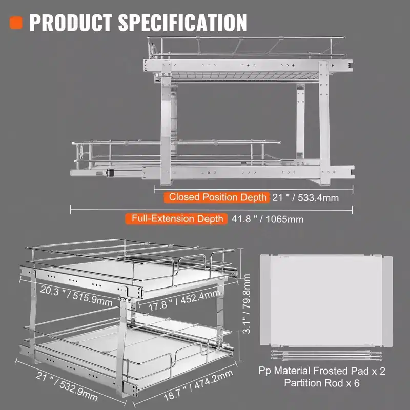 VIYET 2-Tier 20W21D Slide Out Cabinet Shelves, Heavy Duty Chrome Steel Pull Out Drawers, Under Sink/Kitchen/Bathroom