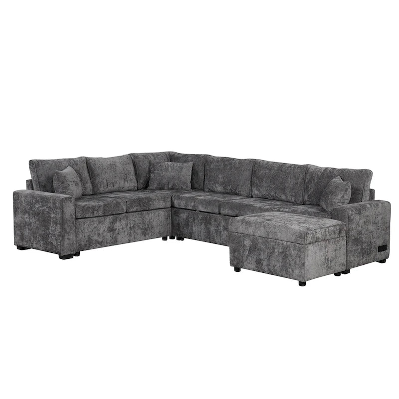 Chenille Sectional Sofa Pull-out Sofa Bed, L-Shape Sleeper Sofa with Storage Ottoman, 3 Pillows and Charging Devices