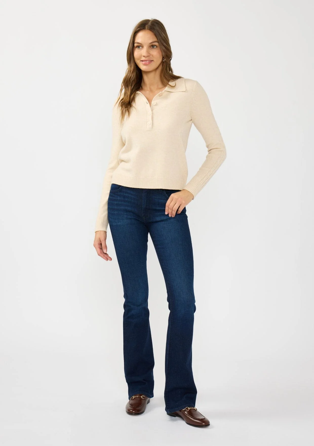 Cable Knit Polo Sweater Long Sleeve Button Front Collared Women