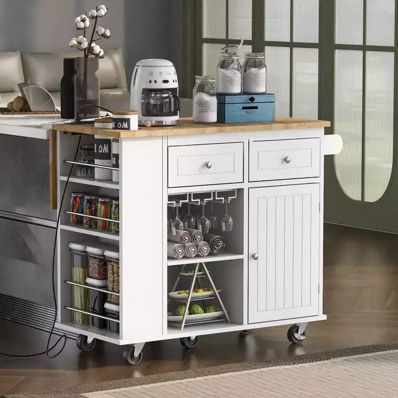 Rolling Kitchen Island with Drop Leaf and Power Outlet
