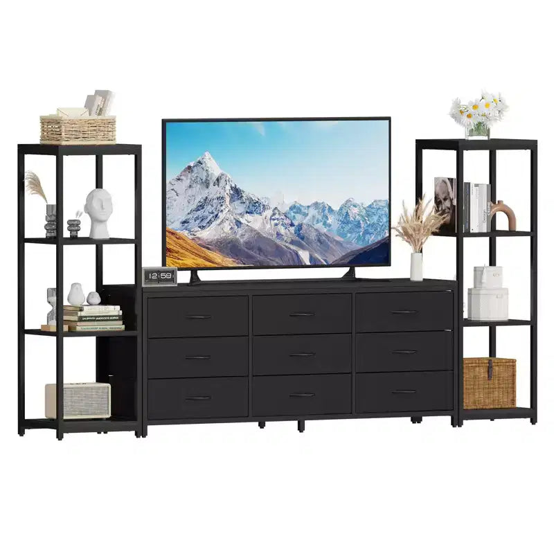 TV Stands Dresser with 9 Fabric Drawers and 2 Industrial 4-Tier Storage Shelves for Living Room
