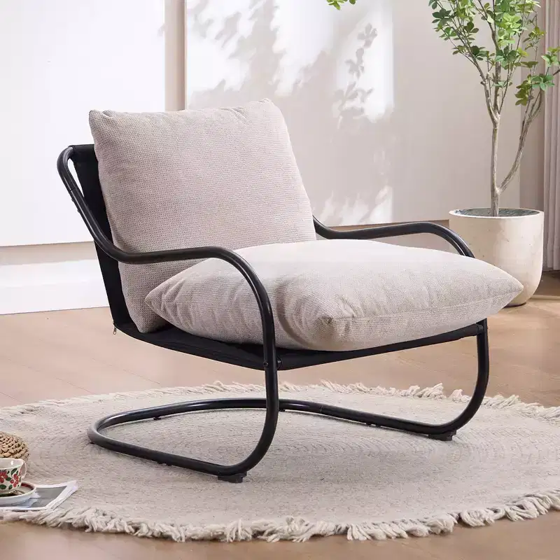 Modern Curved Accent Chair with Faux Linen Upholstery, Comfy Lounge Chair with Metal Frame & Cushions