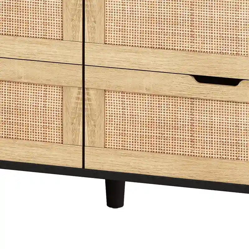 Bohemian Rattan 6-Drawer Sideboard Buffet with Adjustable LED Lights & Power Outlet