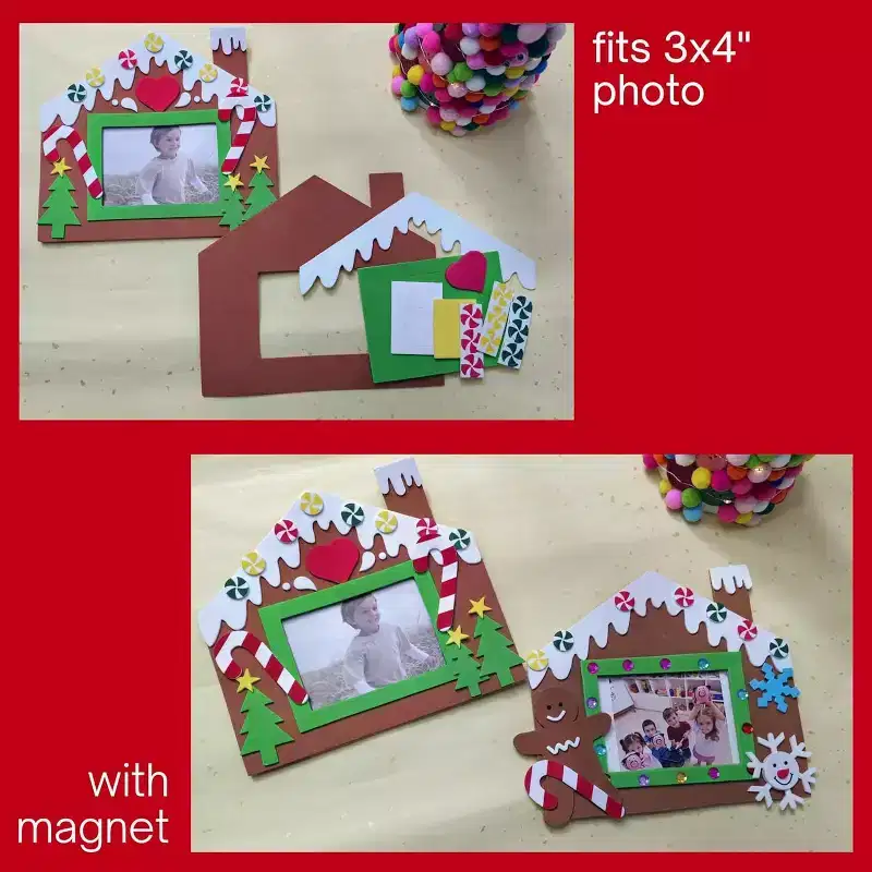 4E's Novelty 4 Pack 2 Designs Foam Gingerbread House Picture Frame Craft, Self-Adhesive Gingerbreads House Kit with Magnets for Christmas Photo Frames