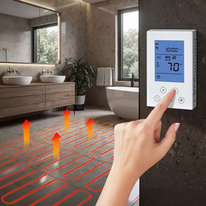 VEVOR 70 sqft Self-Adhesive Mesh Floor Heating Mat System, 120V Electric Radiant Heated Floor System, with Smart Control Thermostat & Alarm, Red