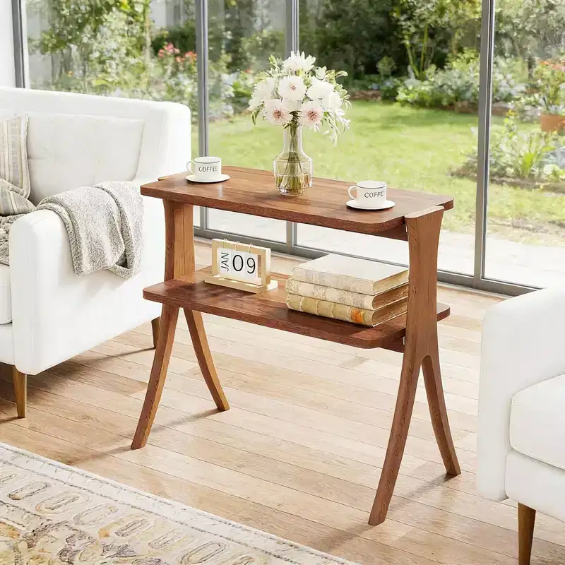 Wood End Table, Farmhouse Side Table with 2-Tier Storage Shelf