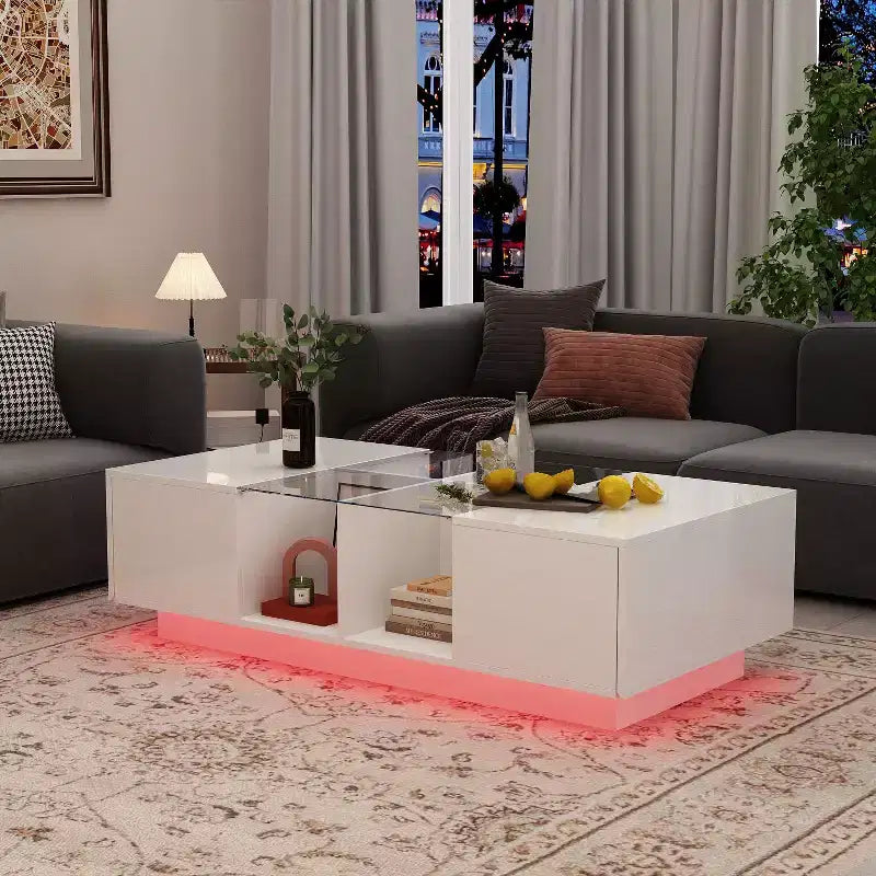 White High-Gloss LED Coffee Table with Drawer & Open Compartments