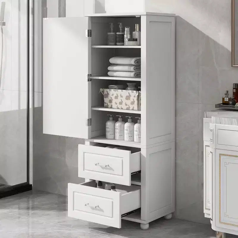 MAYEERTY Tall Bathroom Cabinet Freestanding 2 Drawers Adjustable Shelf MDF Painted White