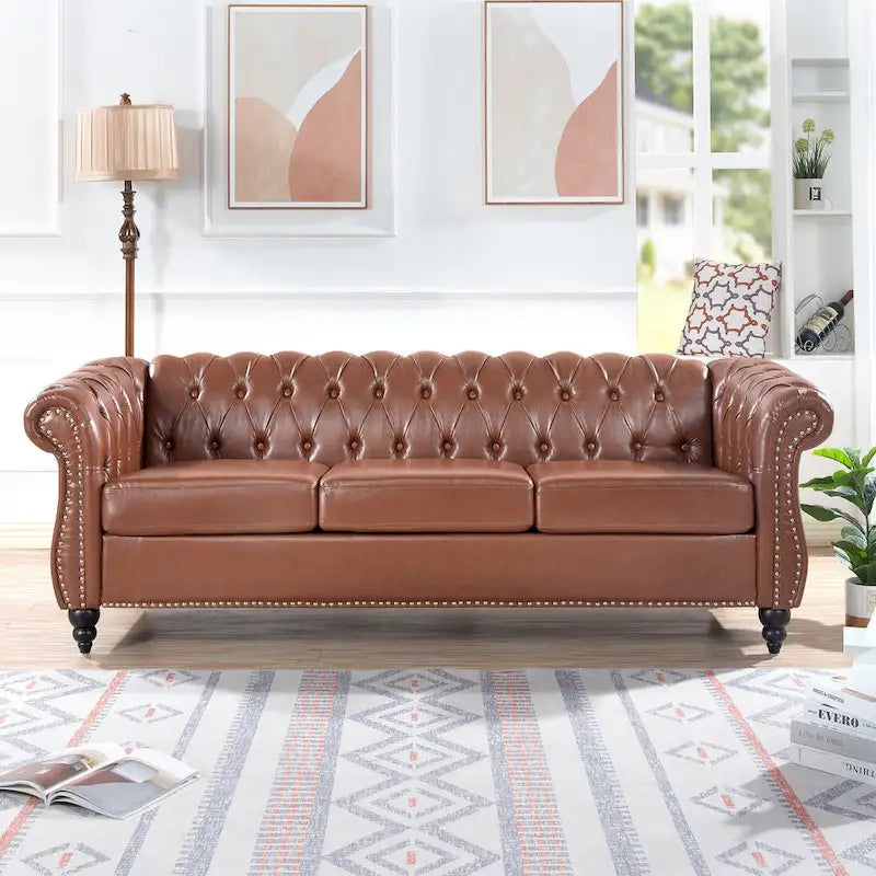 84 Mid-Century Modern 3-Seater Chesterfield Sofa, PU Leather, Birch Legs, 660 lbs