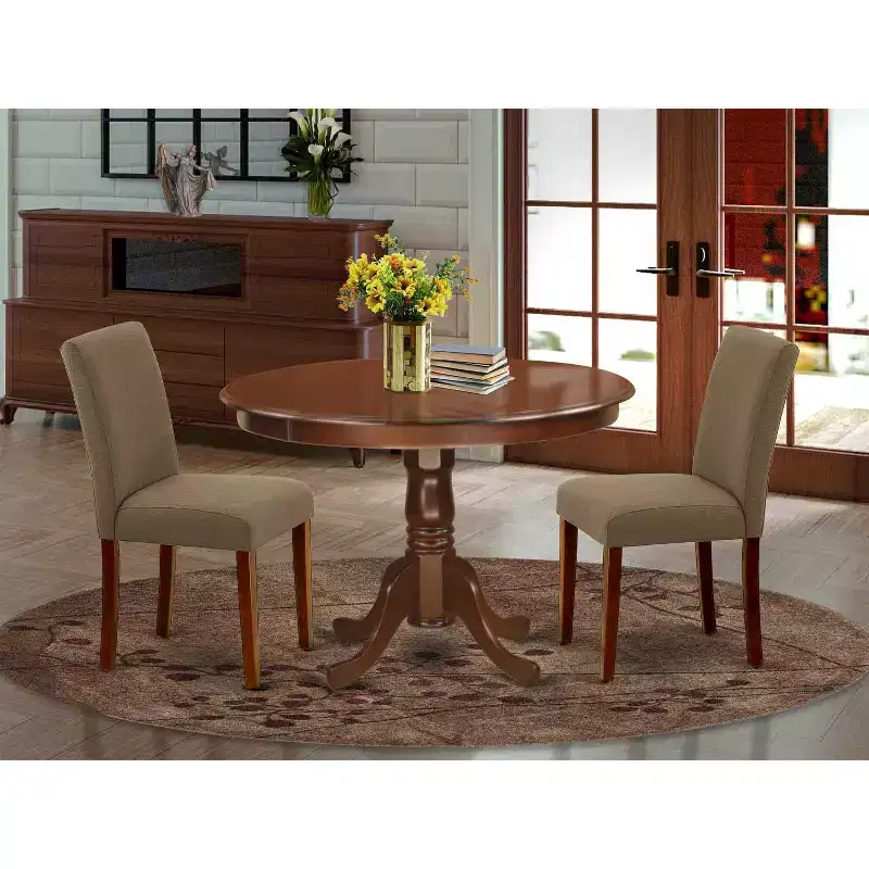 Round Kitchen Table Set 3pc - 42 Inch Table & 2 Parsons Chairs - Linen Fabric & Mahogany Legs - Dining Room Set
