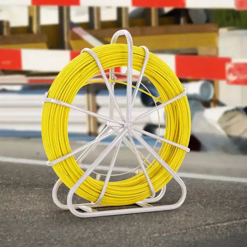VEVOR Fish Tape Fiberglass, 600 ft, 5/16 in, Duct Rodder Fishtape Wire Puller, Cable Running Rod with Steel Reel Stand, 3 Pulling Heads, Yellow