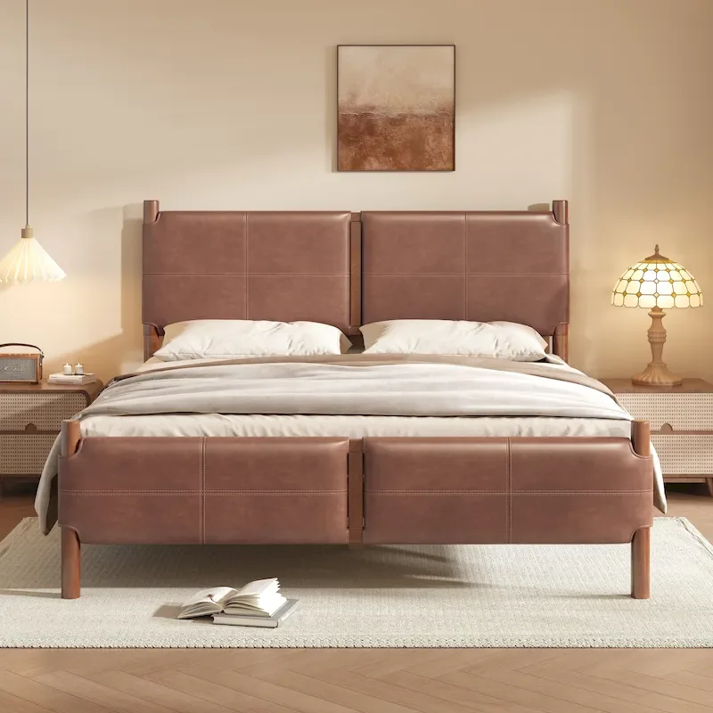 Queen Platform Bed with Upholstered Headboard and Solid Wood Frame