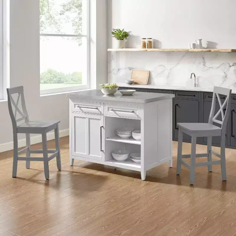 Silvia Stainless Steel Top Kitchen Island with X Back Stools White/Gray - Crosley
