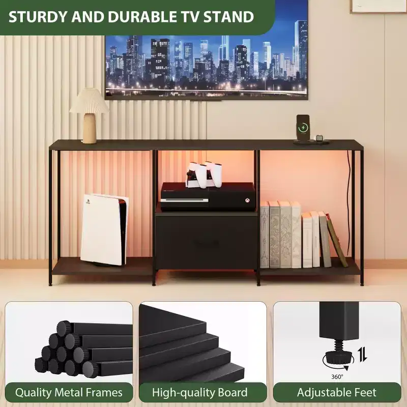 COZONY Metal and Fabric TV Stand, Modern Entertainment Center with Open Shelves & Drawer
