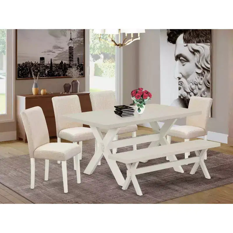 6-Pc Rectangle Natural Oak Finish Solid Wood Top Dining Table with 1-Bench, 4-Chairs