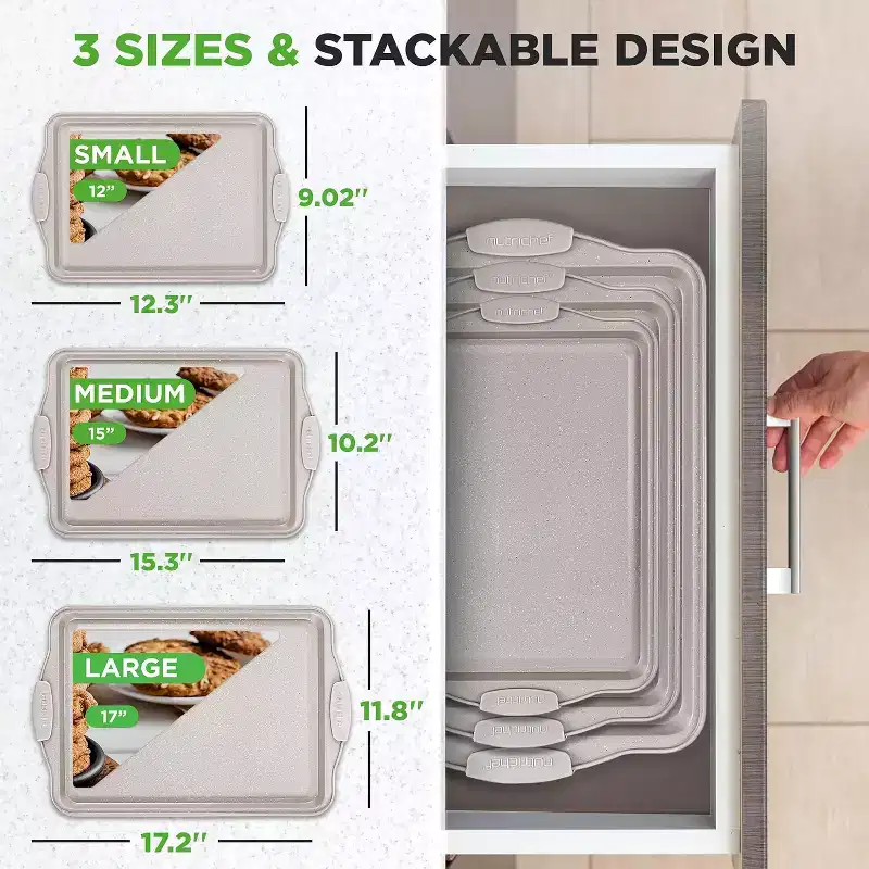 NutriChef 3-Piece Non-Stick Cookie Sheet Tray Set  With Silicone Handles for Baking (Cream Marble)