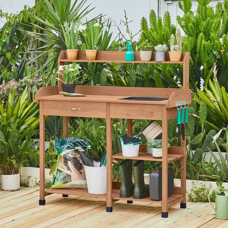 Yaheetech Solid Outdoor Wood Potting Bench Garden Work Bench Station w/Sink Drawer Rack Shelves