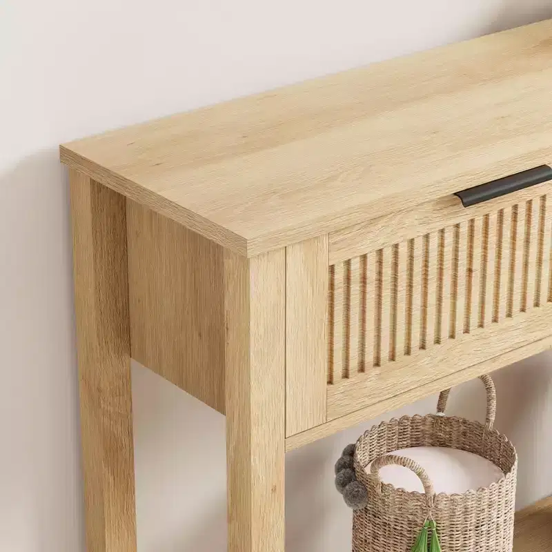 COZONY 43 Fluted Console Table with Burlywood 2 Drawers, 2-Tier Wooden Entryway Sofa Table