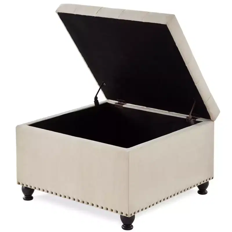 Square Large Storage Ottoman with Wooden Legs, Entryway Bench with Button, Tufted and Nail Trims Decorated, Foot Stool for Home