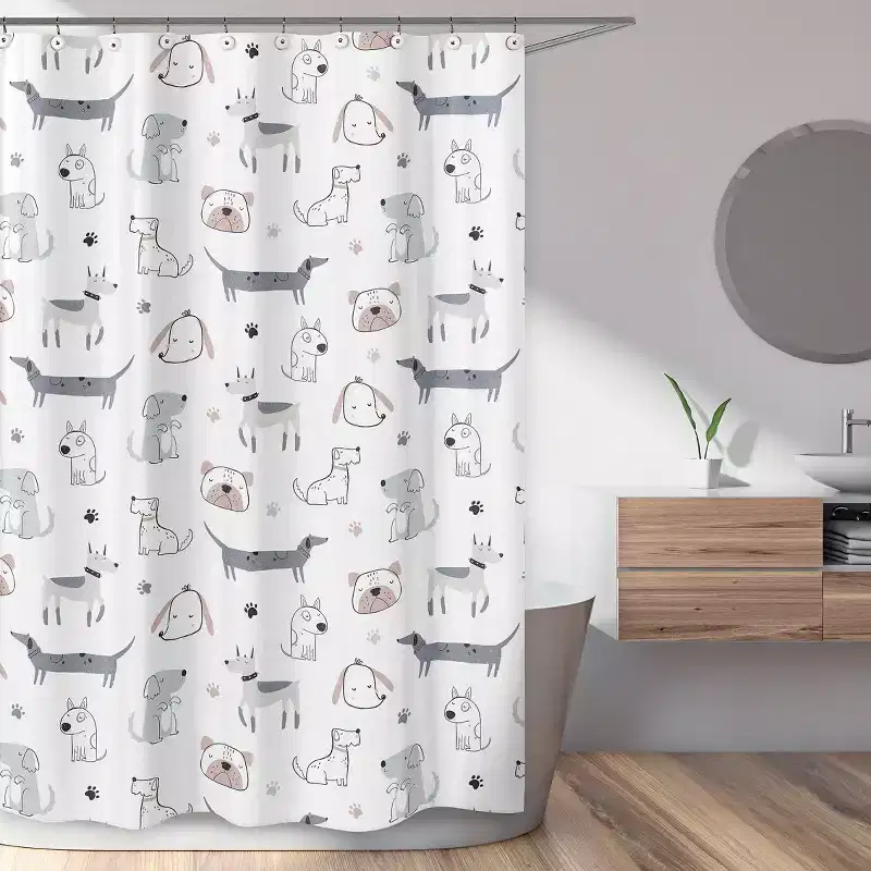 Sweet Jojo Designs Boy, Girl, Unisex/Gender Neutral Shower Curtain 72in.x72in. Cartoon Puppy Grey Taupe and Blue