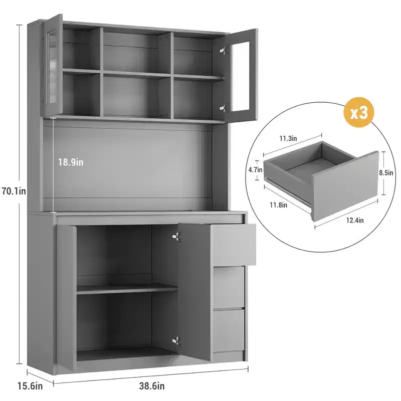 Kitchen pantry cabinet with door and adjustable shelves Corner pantry cabinet with microwave shelf, LED lighting, and charging station