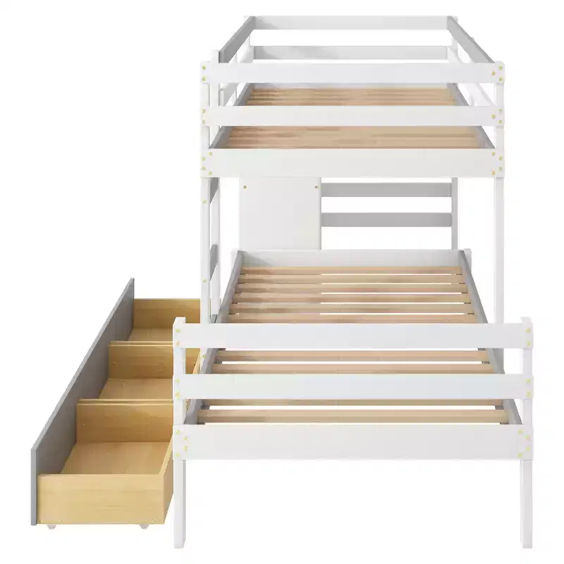 Twin over Twin Wooden Bunk Bed Frame with Drawers and Ladder -ModernLuxe