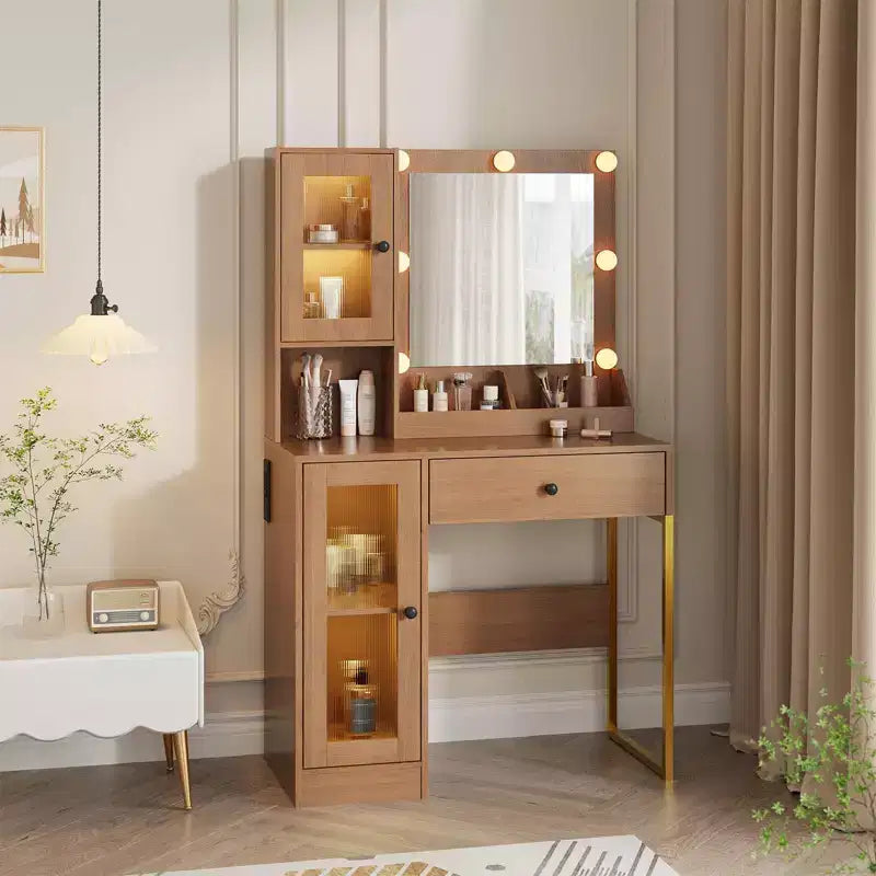 Makeup Vanity Desk with Power Outlet, Modern Vanity Table with Mirror and Lights, 2 Open Compartments