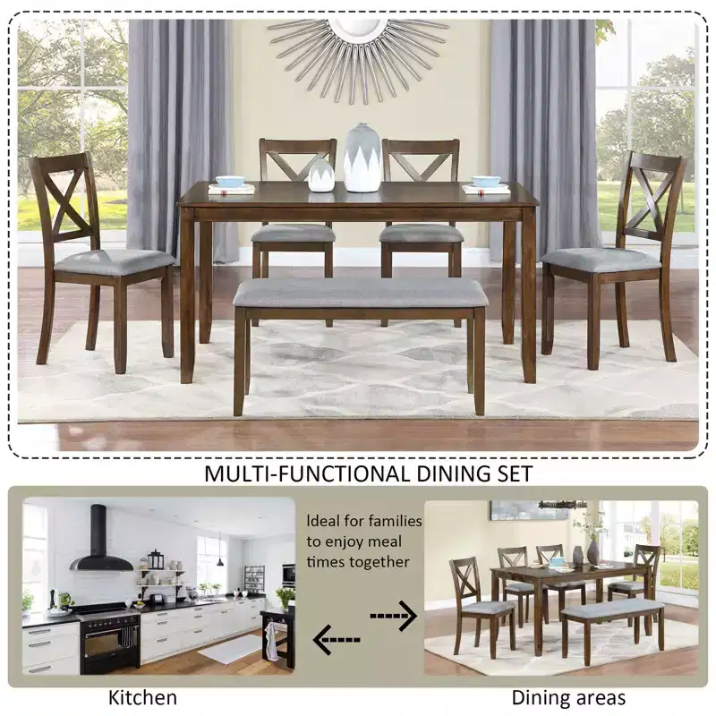 Homy Casa 6-Piece Wooden Dining Table Set with 4 Upholstered Chairs and Bench, Kitchen & Dining Room Furniture, Grey