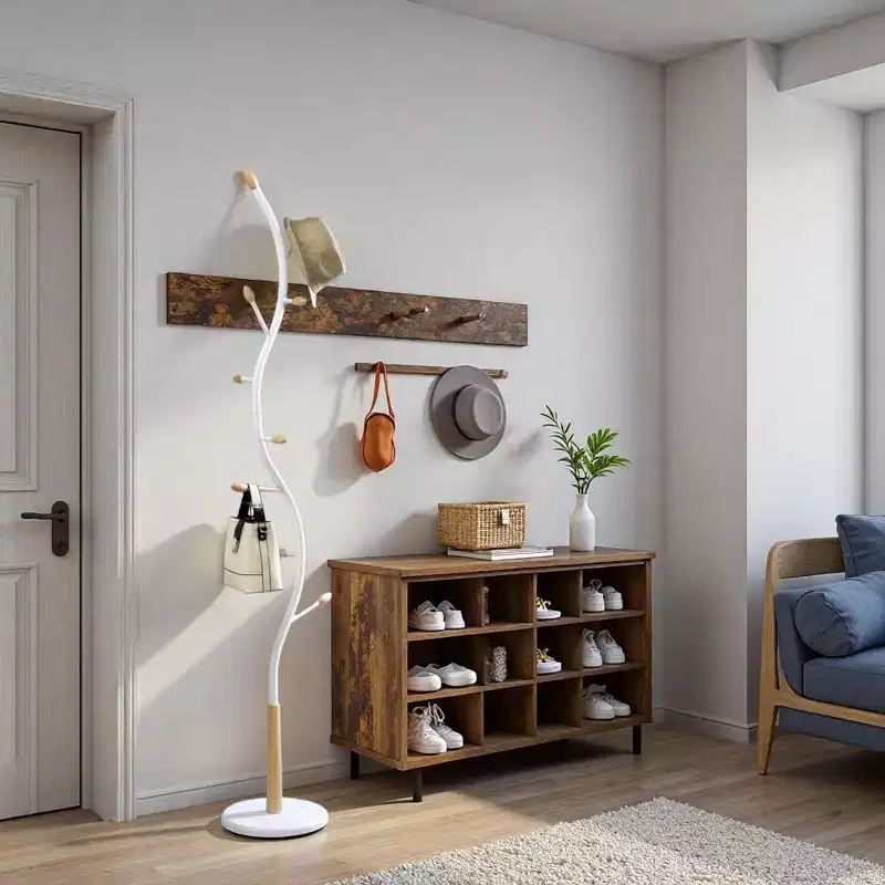 NAYSAYE Coat Hanger Metal and Oak Freestanding Standing Coat Rack with 9 Hooks for Entryway Bedroom or Living Room, White, 11*11*74.8