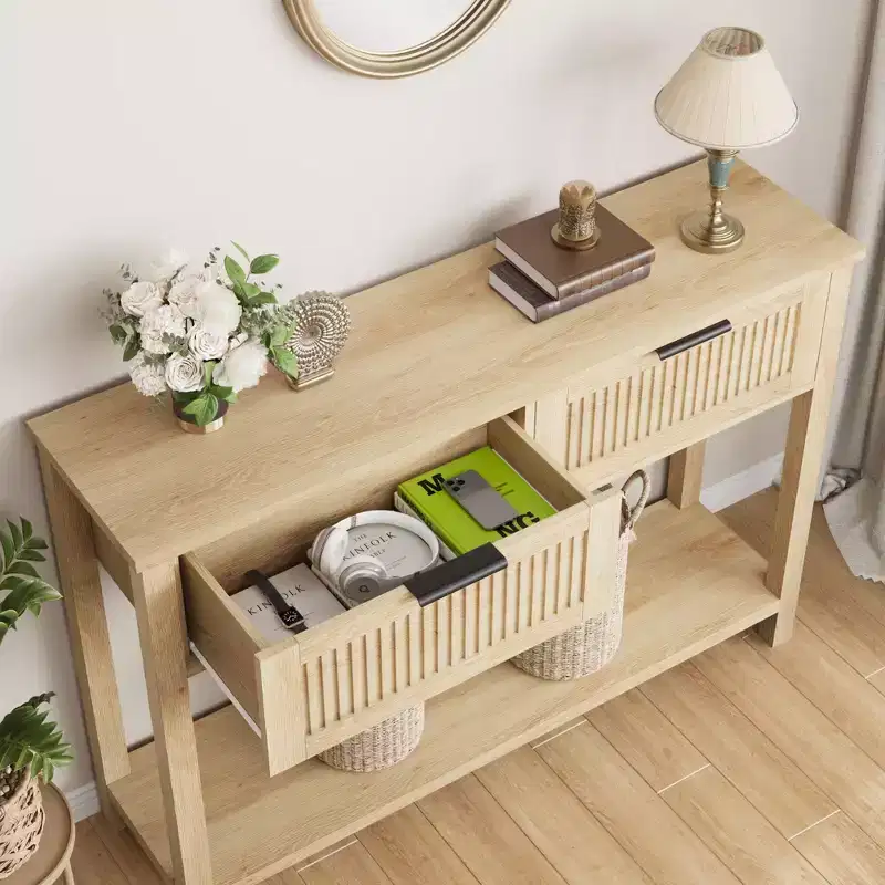 COZONY 43 Fluted Console Table with Burlywood 2 Drawers, 2-Tier Wooden Entryway Sofa Table