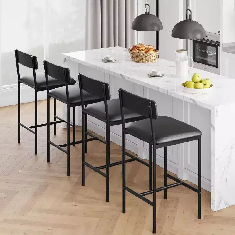 Bar Stools Set of , Upholstered Barstools with Metal Legs, Footrest & Backrest, PU Seat, Kitchen Height Chairs