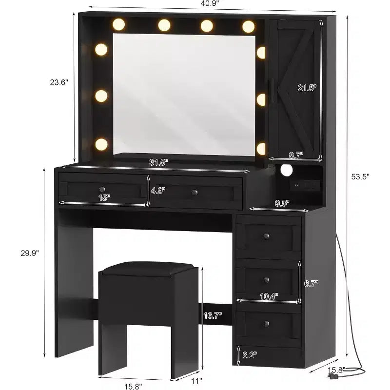 Elegant Dressing Table Set with LED Mirror Lights, Makeup Vanity Desk and Stool Featuring Charging Station, Multiple Drawers & Storage Shelves