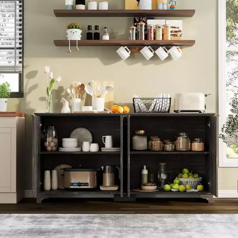 Fluted Sideboard Buffet Cabinet with Storage,4 Decorated Doors,Wood Coffee Bar Cabinet with Solid Wood Feet for Kitchen, Dining Room, Hallway