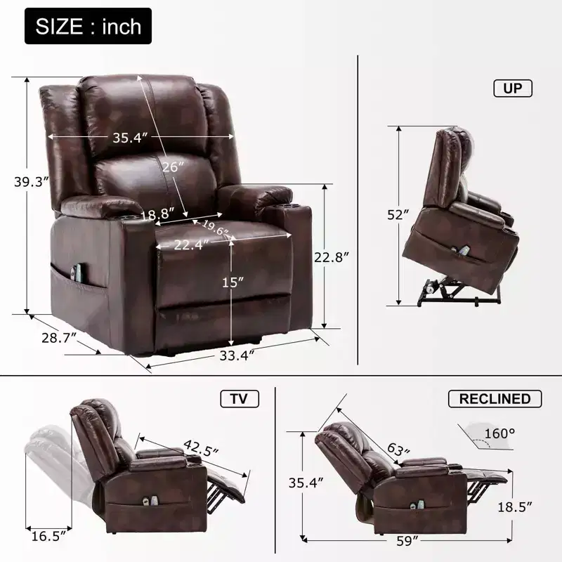 COMHOMA Massage Recliner Chair PU Leather Sofa Power Lift Chair Brown