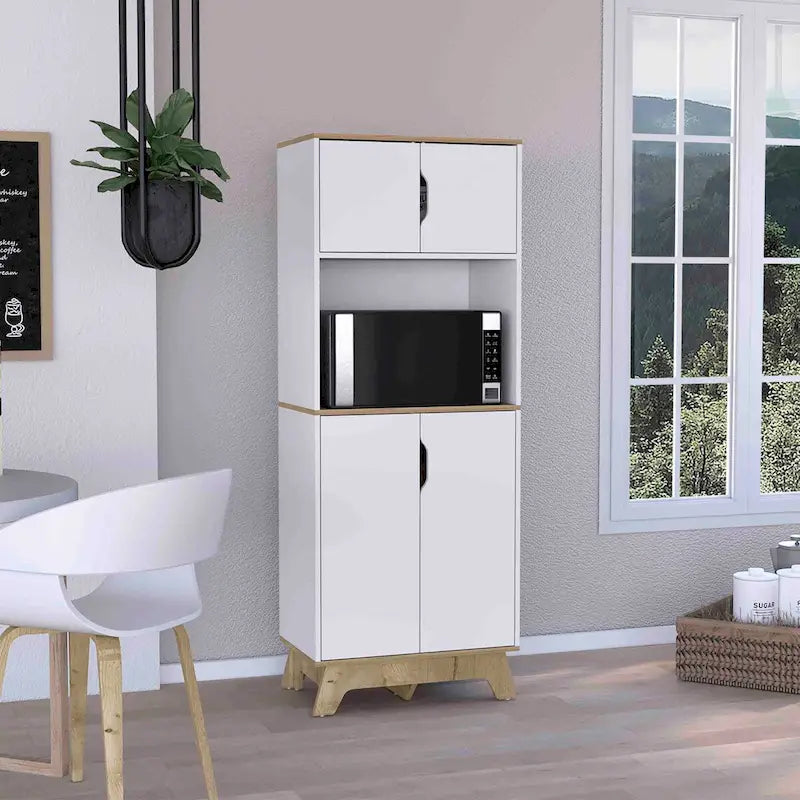 Tall Kitchen Cabinet with Microwave Shelf and Double Doors in White and Light Oak