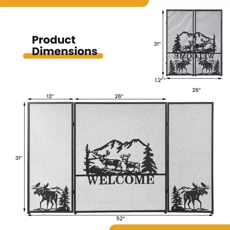 Costway 52 x 31 In Fireplace Screen 3-Panel Spark Guard with Natural Scenery, Moose Pattern