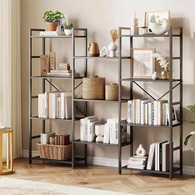 4 Tier Bookshelf with 11 Open Shelves, Triple Column Wide Bookcase for Home and Office, Spacious and Stylish Storage Organizer
