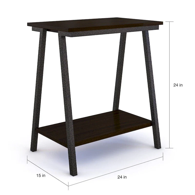 Narrow Wood Side Table with Metal Frame and Lower Shelf