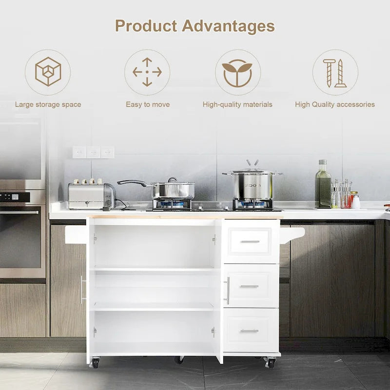 Mobile Kitchen Island & Kitchen Cart,With Extendable Rubber Wood Top and 3 Drawers - 53.93(L) x 17(W) x 36.22(H