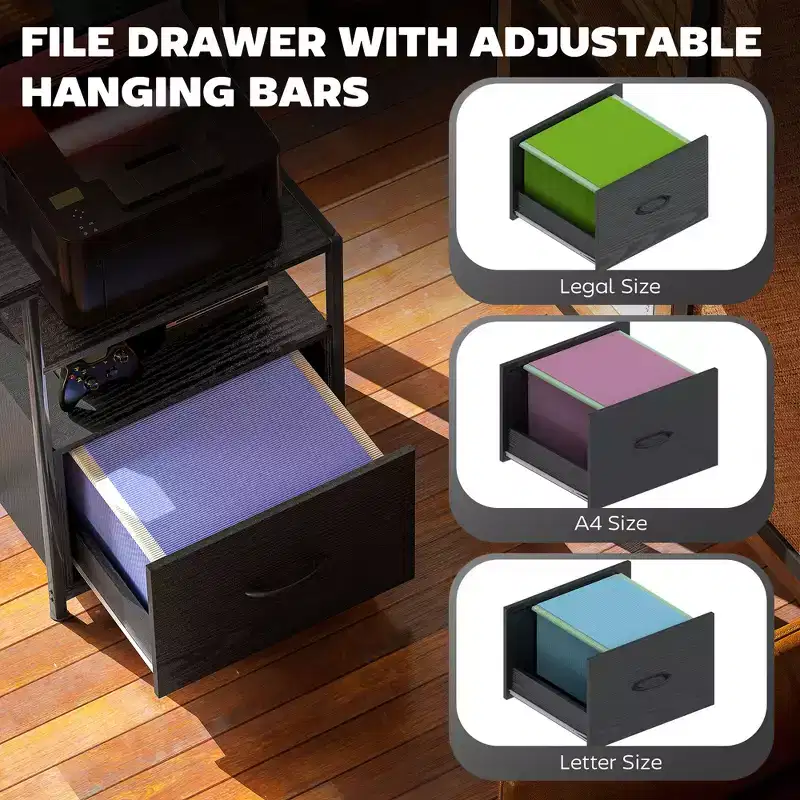 Computer Desk with Power Outlets and LED Lights, 67 Computer Table with File Cabinet and Fabric Drawers