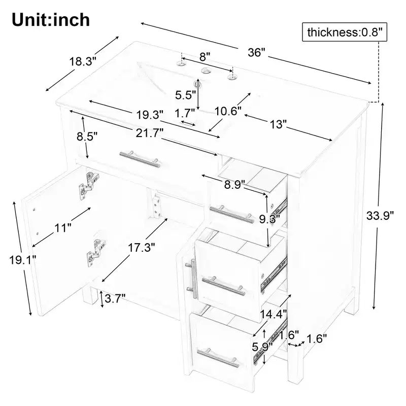Bellemave 36 Bathroom Vanity with Sink, Black Bathroom Vanity with Drawers, Black Bathroom Cabinet with Gold Handles
