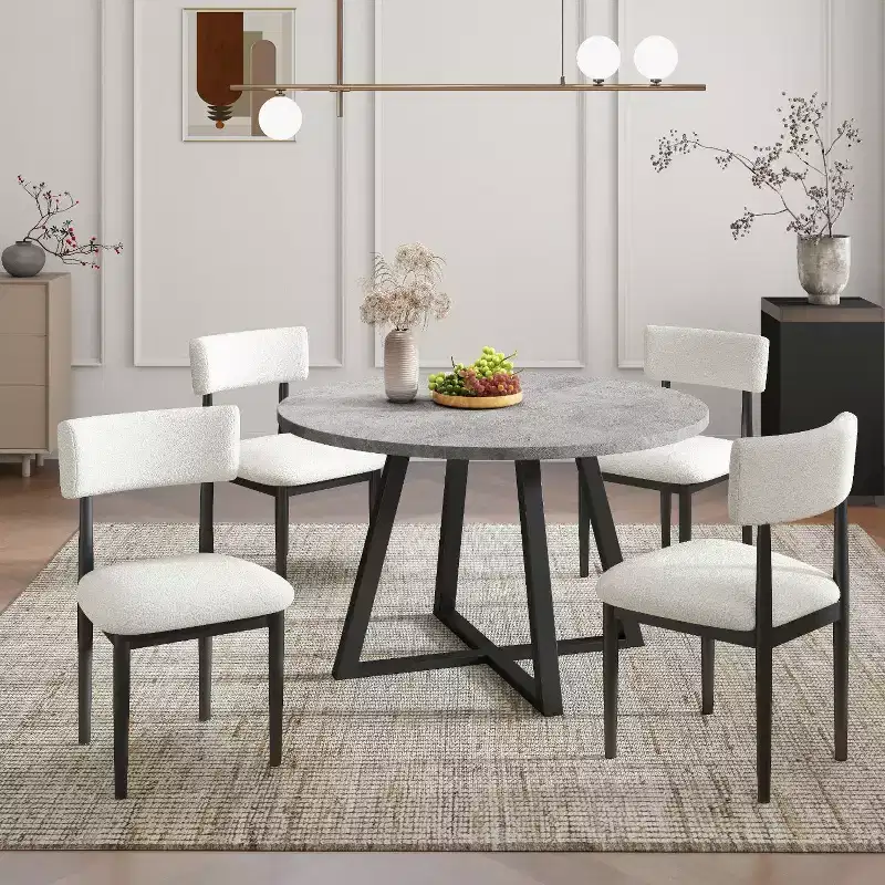 Roundhill Furniture Edo 5-Piece Dining Set, Round Trestle Table and 4 Upholstered Chairs