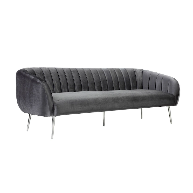 Decy 74 Inch Sofa, Channel Stitched, Cushioned Seat, Gray Velvet, Silver