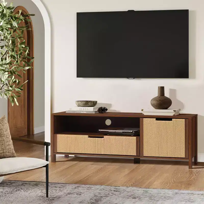 55 Walnut TV Stand for TVs up to 60, Woven Rope Door Panel, Small Media Console Cabinet with Drawer, Brown