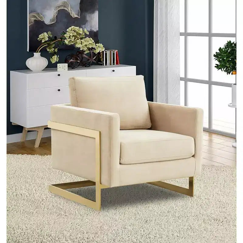 LeisureMod Lincoln Upholstered Accent Arm Chair - Modern Velvet Club Chair with Architectural Gold Metal Frame
